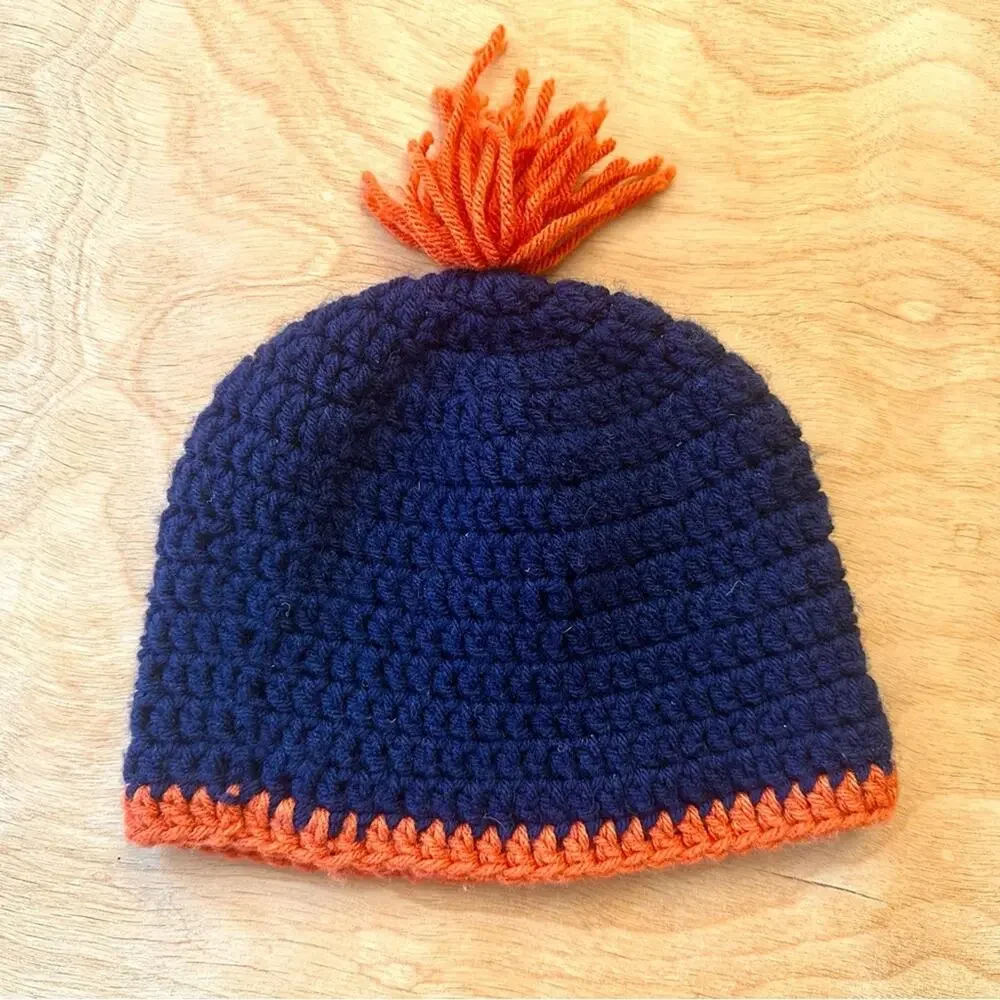 Handmade Navy & Orange Knit Beanie | Toddler/Youth | Pom Top